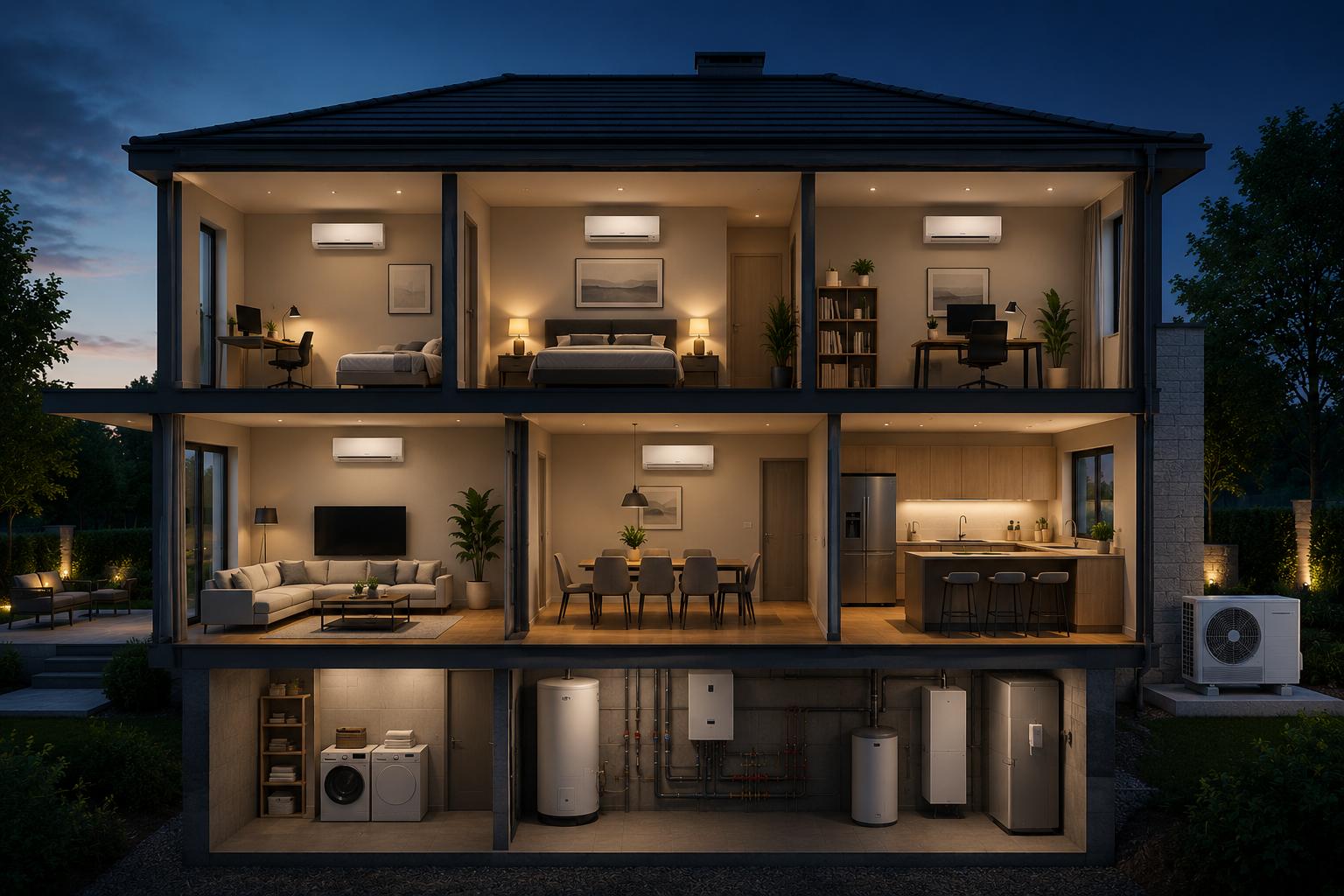 Cross-section of a modern house with air conditioning systems and technical installation